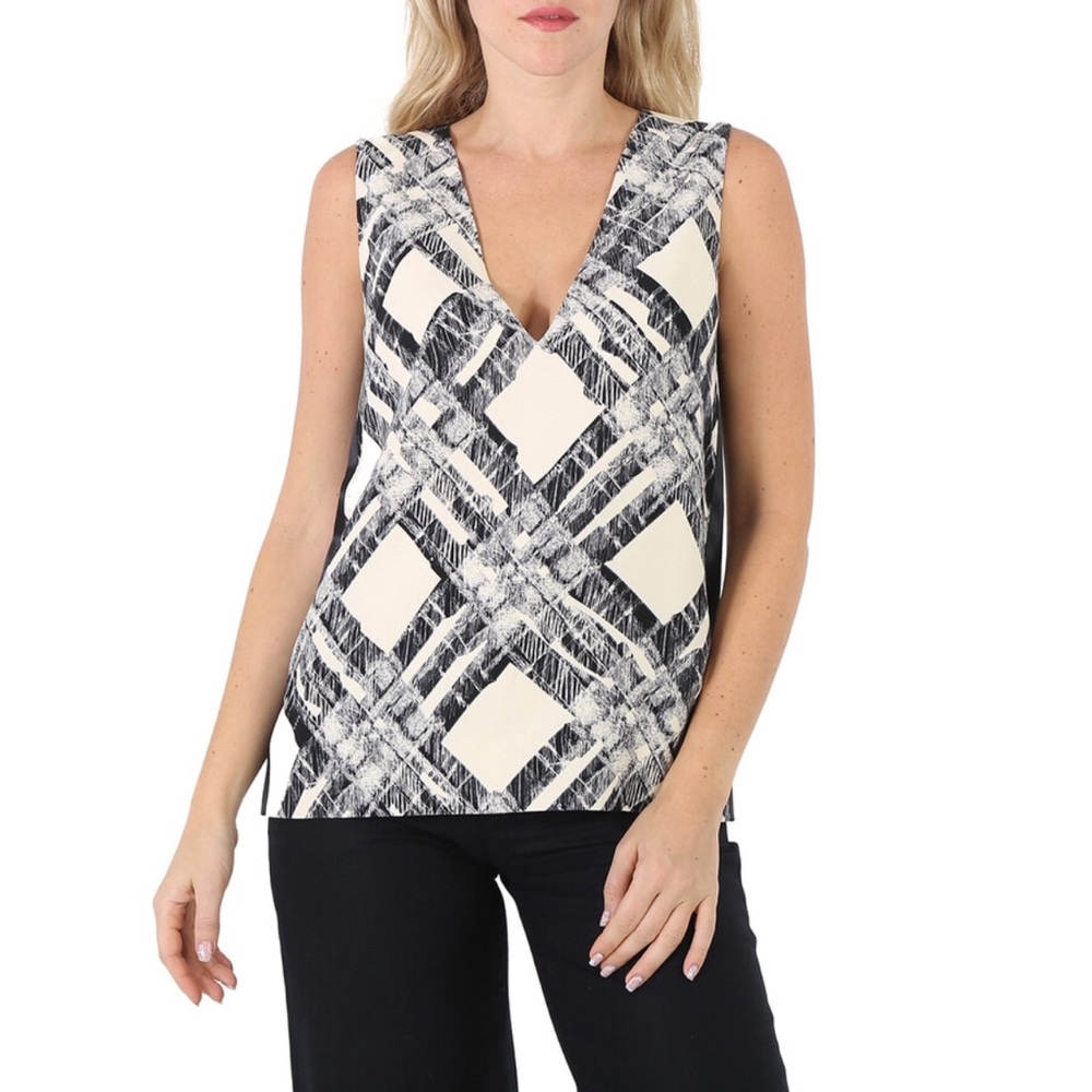 NWT BURBERRY Ladies Check Print Wool Silk V-back Top,